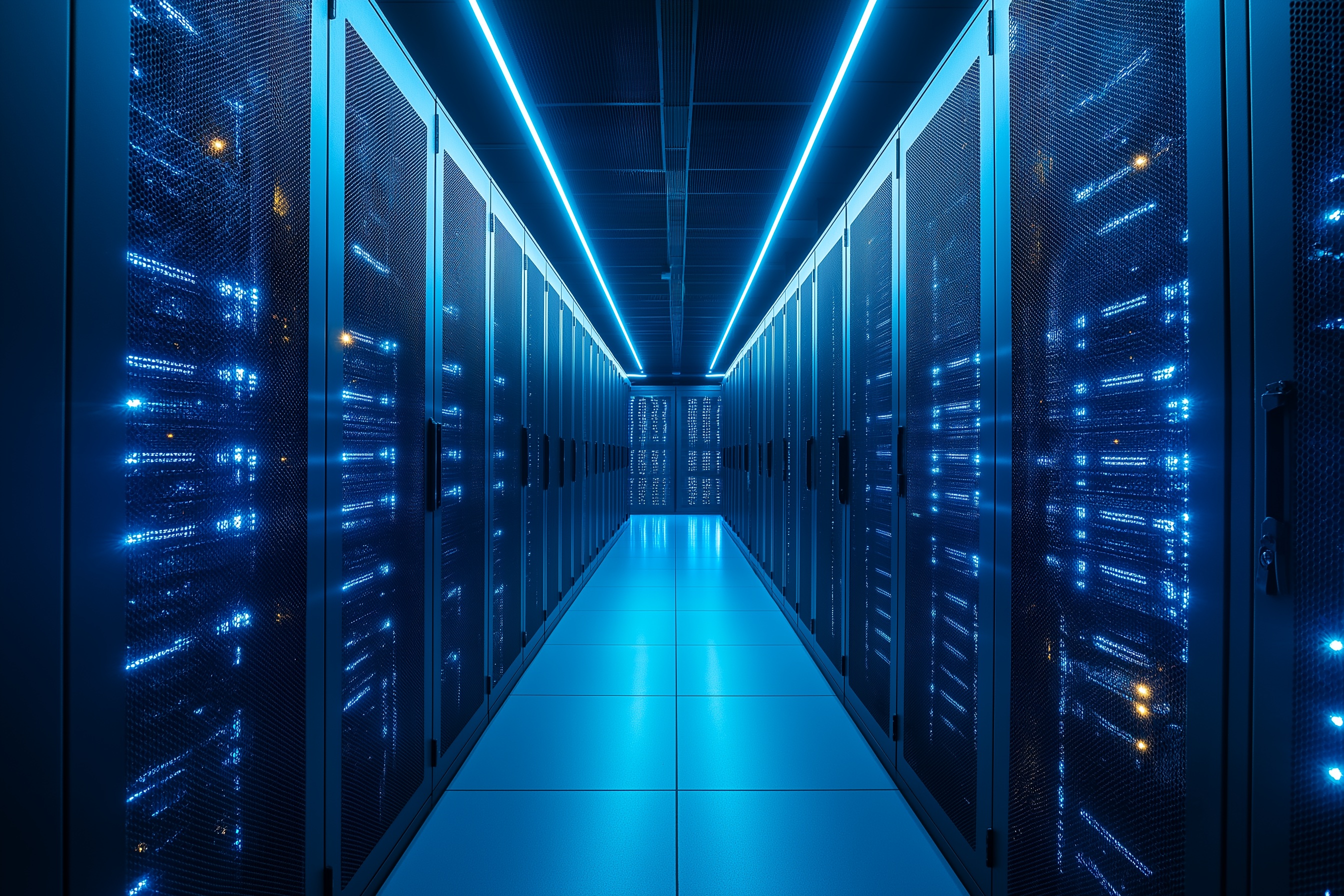 Modern data center with illuminated server racks