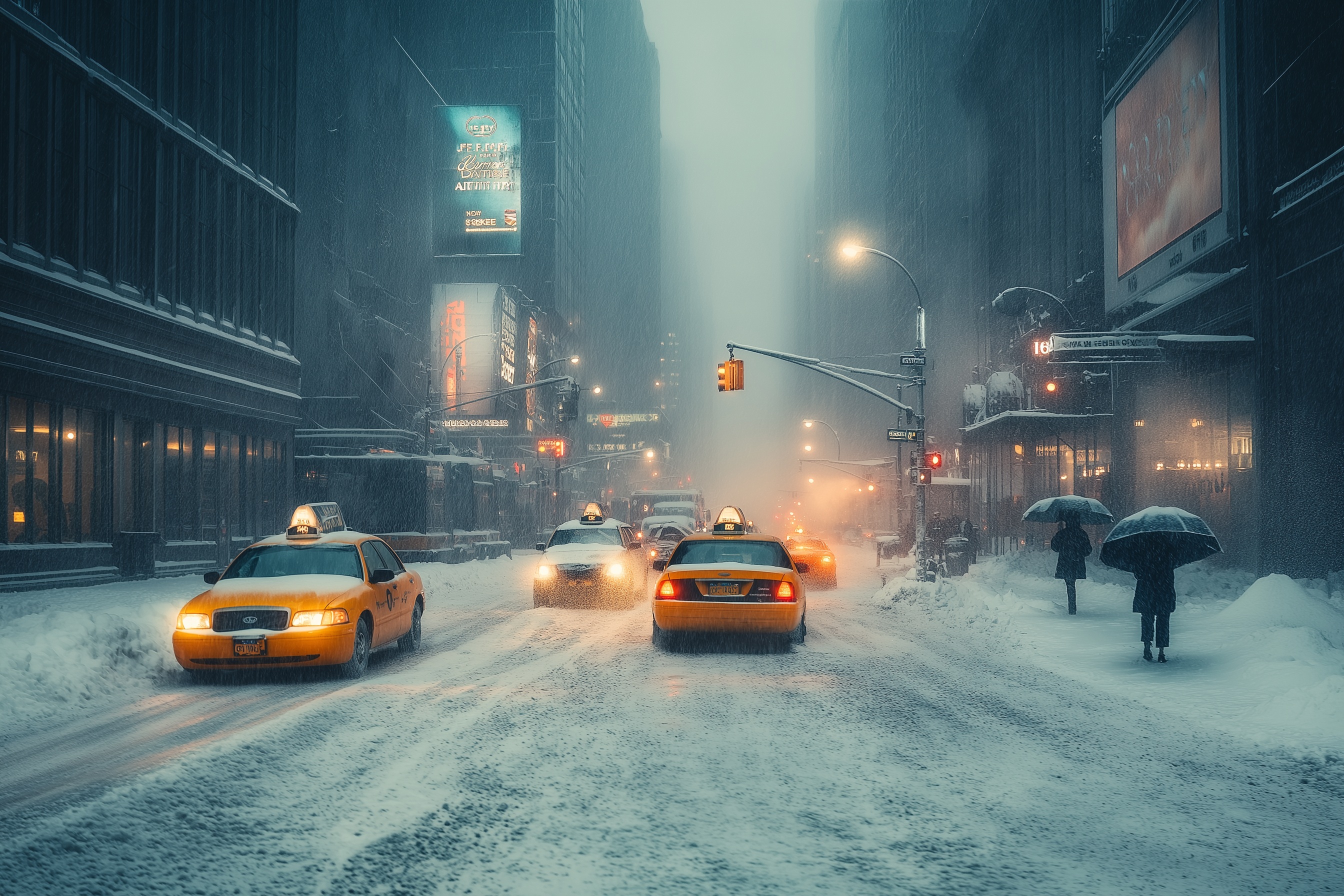 Snow-covered city street during a winter storm