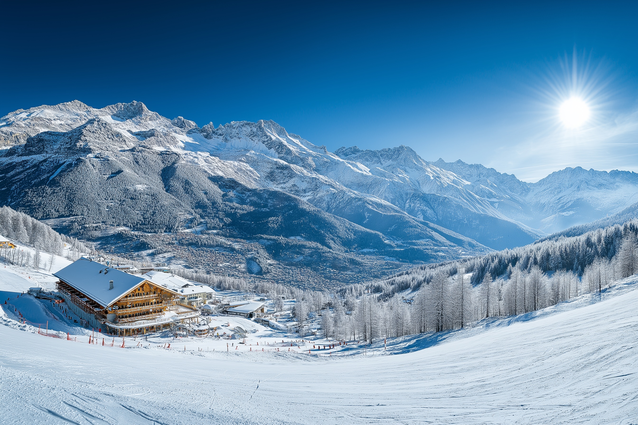 Snowy mountain vista with Olympic venue
