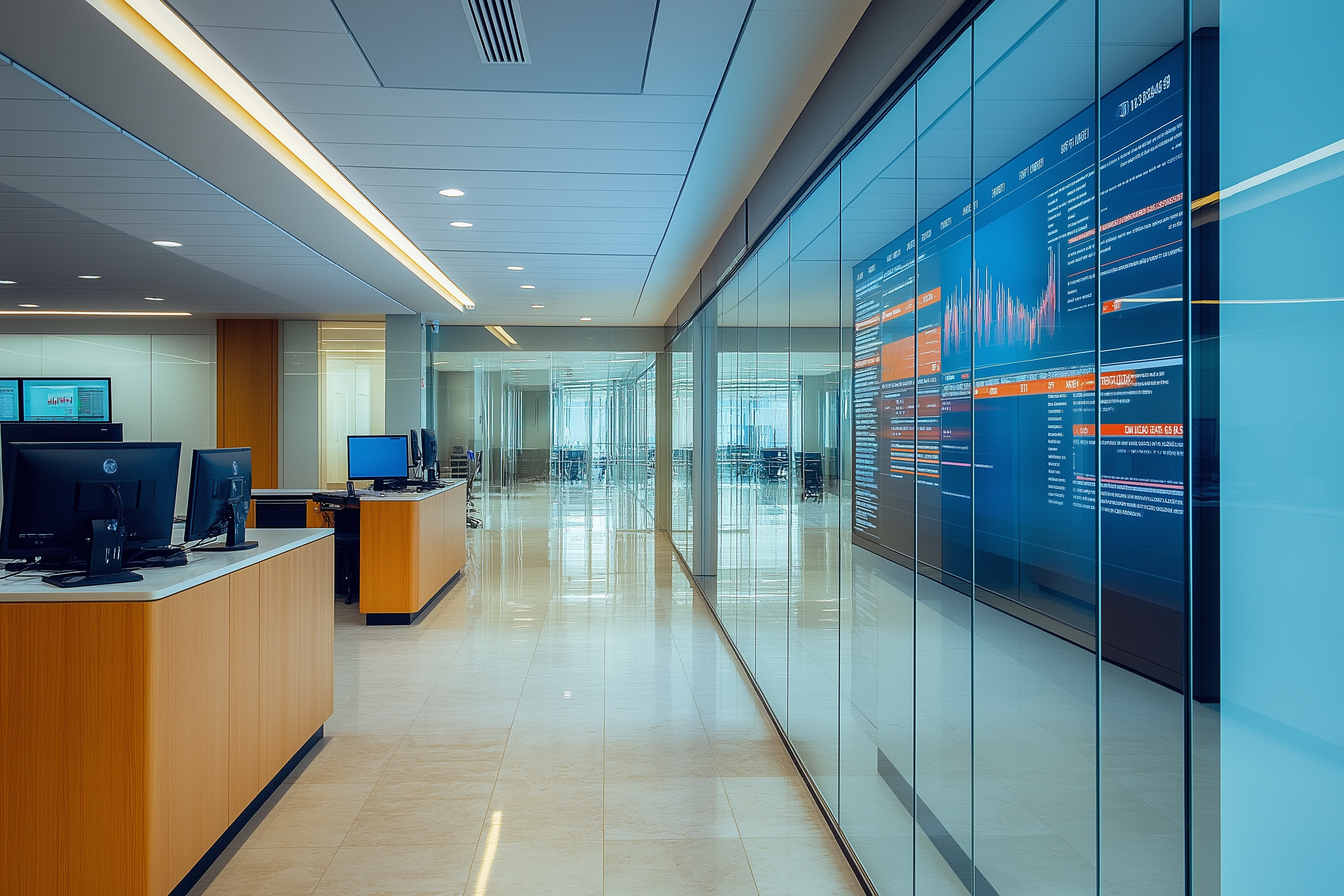 Modern banking office with digital screens